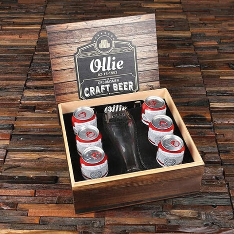 Personalized 24 Oz Pilsner Beer Glass With Bottle Openers And Wood Box Which Holds Six 12 Oz Beer Cans - Black Label