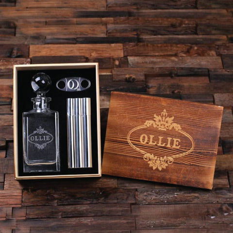 Personalized Whiskey Decanter With Round Bottle Lid, Metal Cigal Cutter, Cigar Holder Case With Whiskey Flask And Wood Box