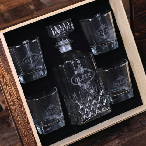 Personalized Whiskey Decanter, 4 Whiskey Glasses And Wood Box