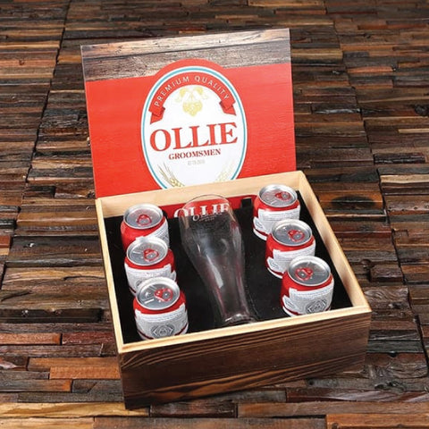 Personalized 24 Oz Pilsner Beer Glass With Bottle Openers And Wood Box Which Holds Six 12 Oz Beer Cans - Red Label