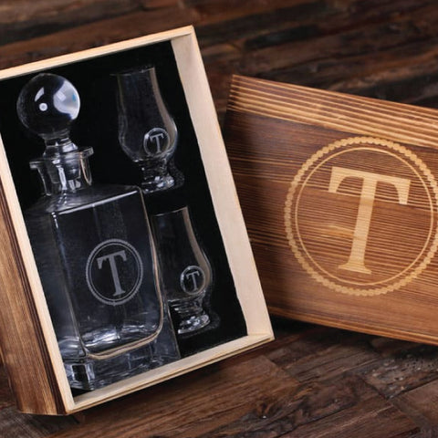 Personalized Whiskey Decanter With Round Bottle Lid, 2 Whiskey Sniffers And Wood Box