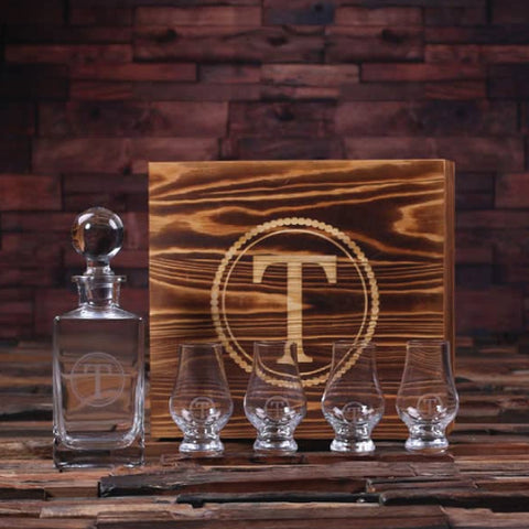 Personalized Whiskey Decanter With Round Bottle Lid, 4 Whiskey Sniffers And Wood Box