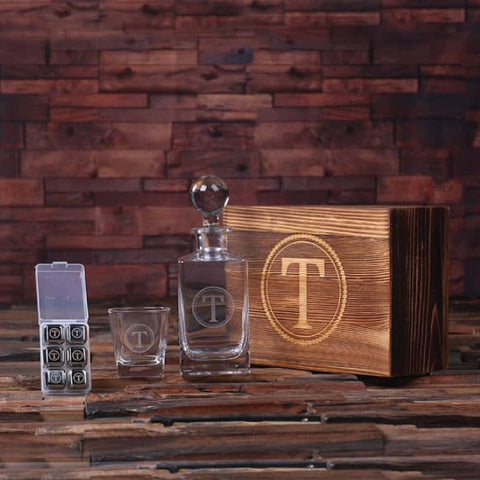 Personalized Scotch Whiskey Decanter Bottle, Glass, 6 Ice Cubes With Wood Box